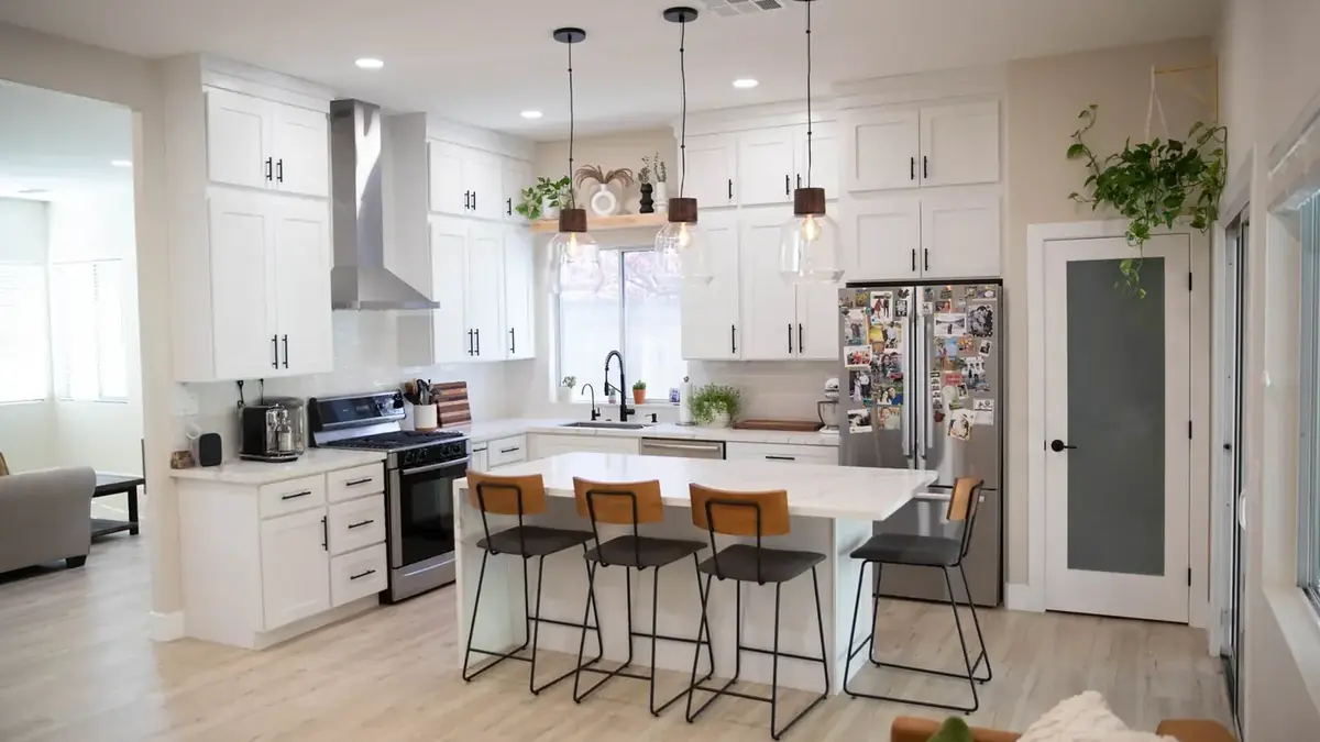 Remodeled kitchen with new cabinets and island