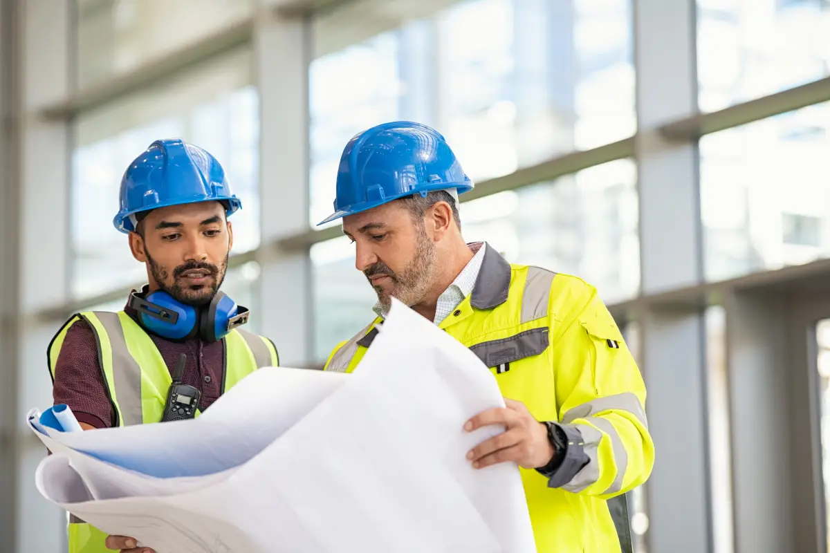 Construction schedule and drawings spread on a work table