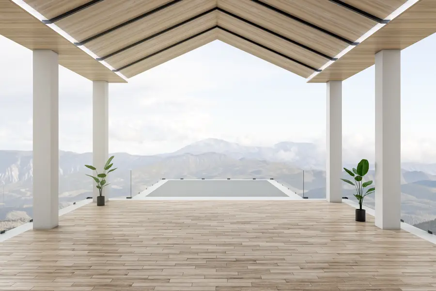 Covered outdoor deck with seating area